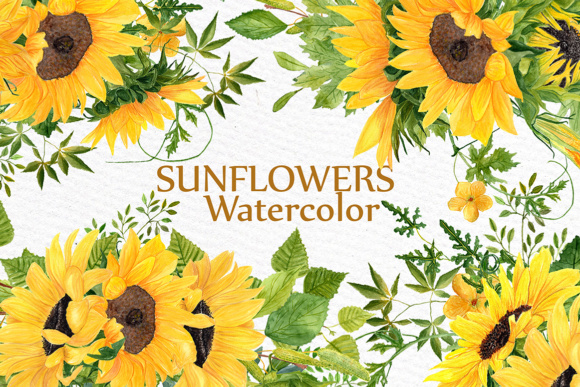 Sunflower Clipart Watercolor Wreath Bouquets for Wedding & Floral Design